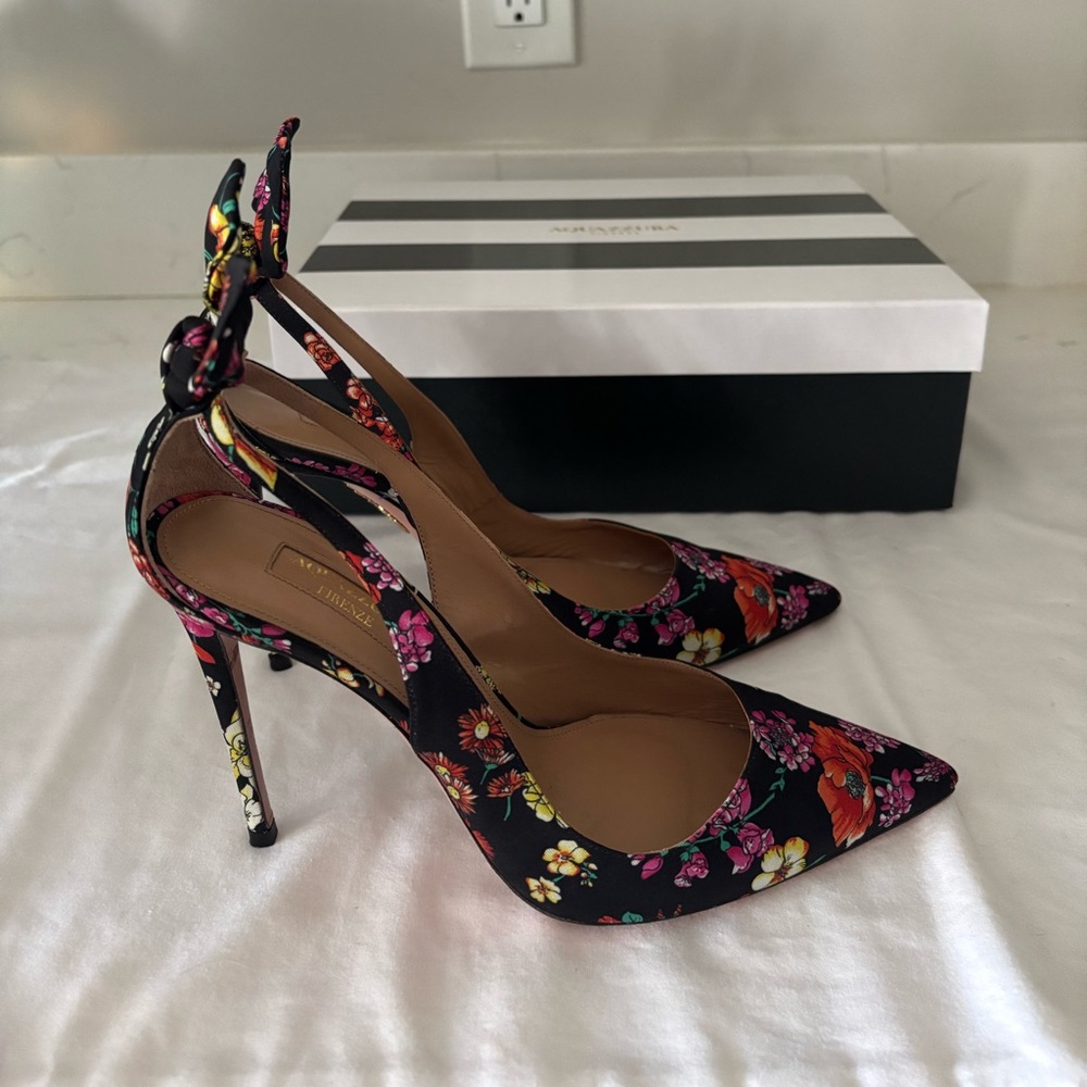 Aquazzura Deneuve Bow Tie 105 Floral Slingback Pump EU 38/US 7.5 - Picture 4 of 6